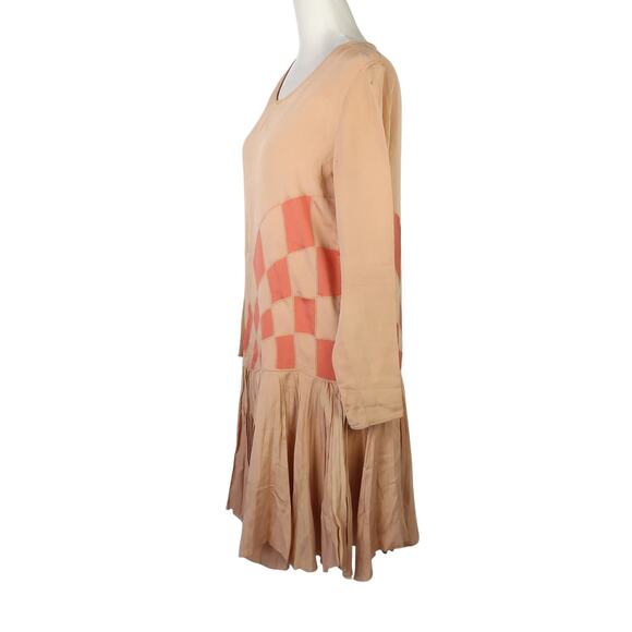 Vintage 30s Tan Orange Check Silk Drop Waist Pleated Midi Dress L - Picture 3 of 7